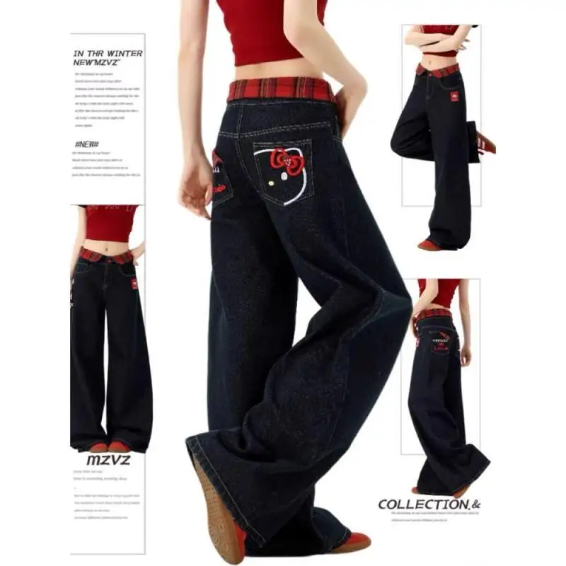 

Sanrio New Hello Kitty Jeans Straight Tube Pants Y2K Style Embroidery Wide Legs American Style Hot Girls Female New Loose Design