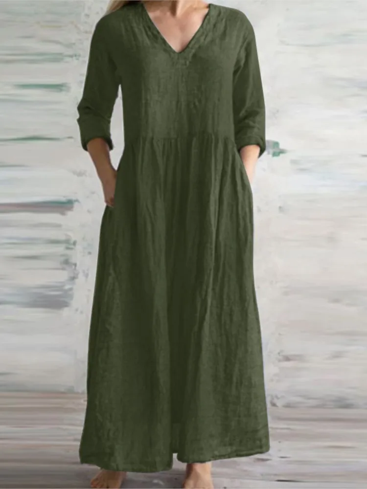 

Women Cotton And Linen Loose Dress Long Spring Autumn Casual Half-sleeved Simple Style Long Dress solid Vestidos Female