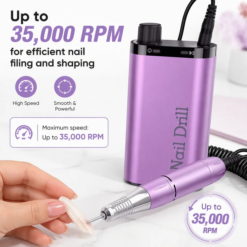 Portable Cordless Nail Drill 35000RPM Rechargeable Electric Nail File Efile Acrylic Gel Nails Manicure Pedicure Salon Home