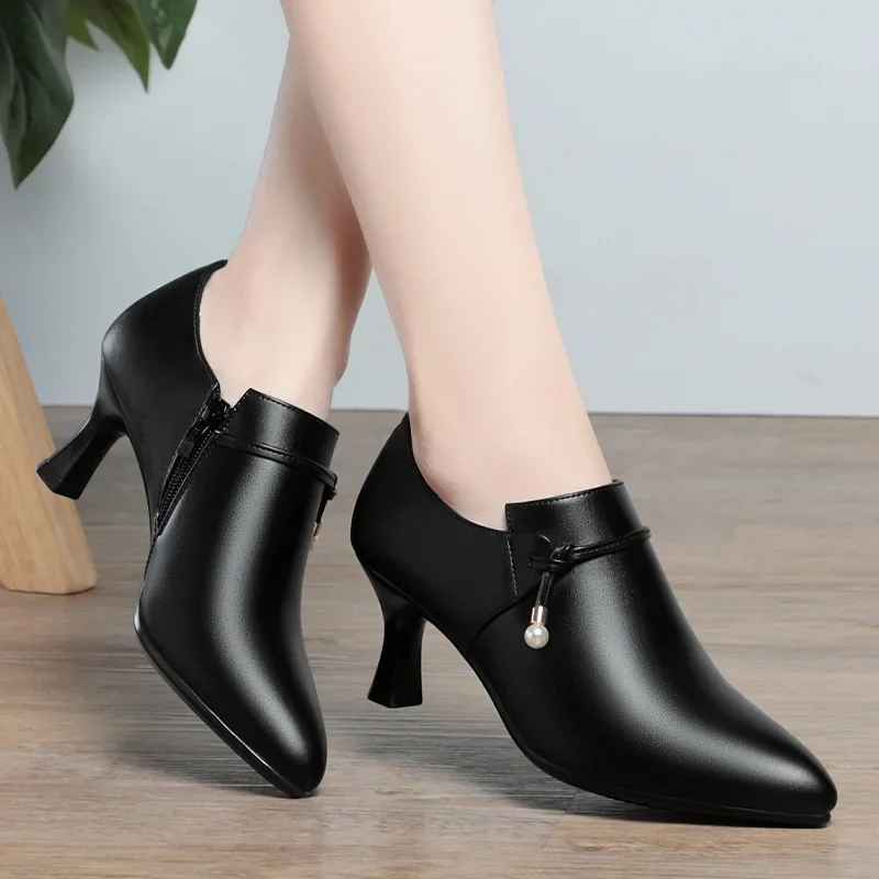 5cm 6.5cm Comfortable Deep Mouth Soft Leather Shoes Women Spring 2024 Block Med Heels Shoes Black for Office Dance Mom Daily