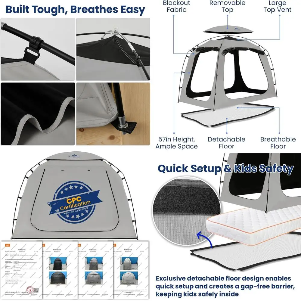 

Двойная затемняющая палатка для детей с верхней вентиляцией и съемной крышкой, сертифицированная CPC для сенсорного комфорта и сна (серебро)