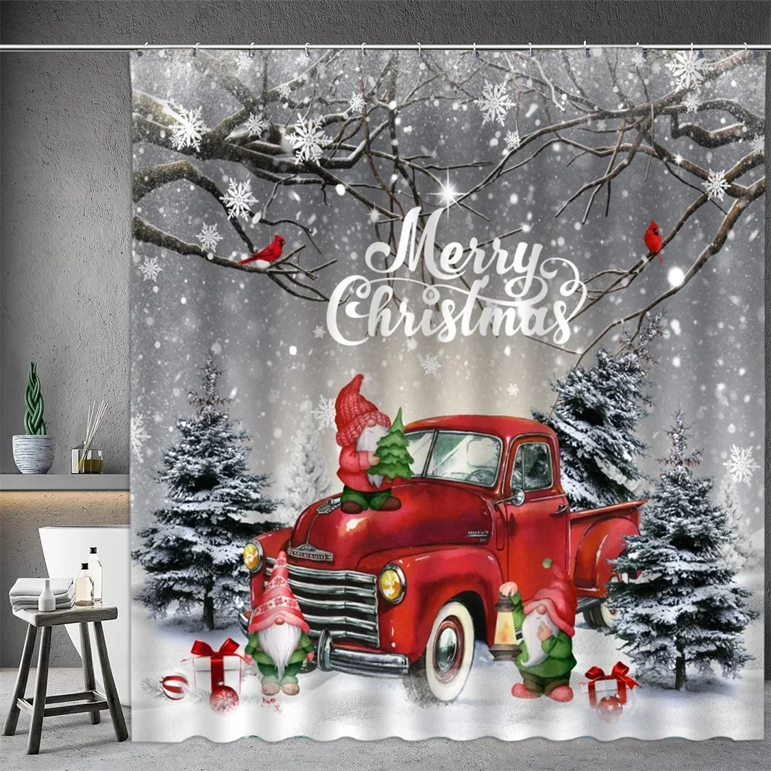 Christmas Shower Curtain, Winter Snowflake Father Christmas Snowman Dwarf Farm Truck Christmas Tree Cartoon Bathroom Decoration