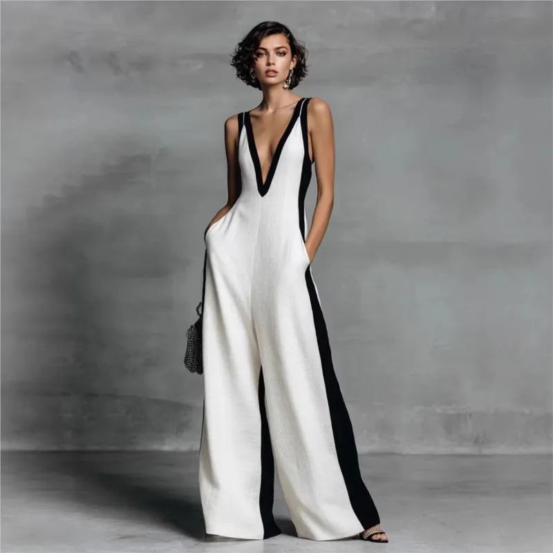

Sexy Deep V Neck Straps Wide Leg Jumpsuit Summer Sleeveless Color Block Patchwork Jumpsuits Elegant Casual Back Zipper Romper