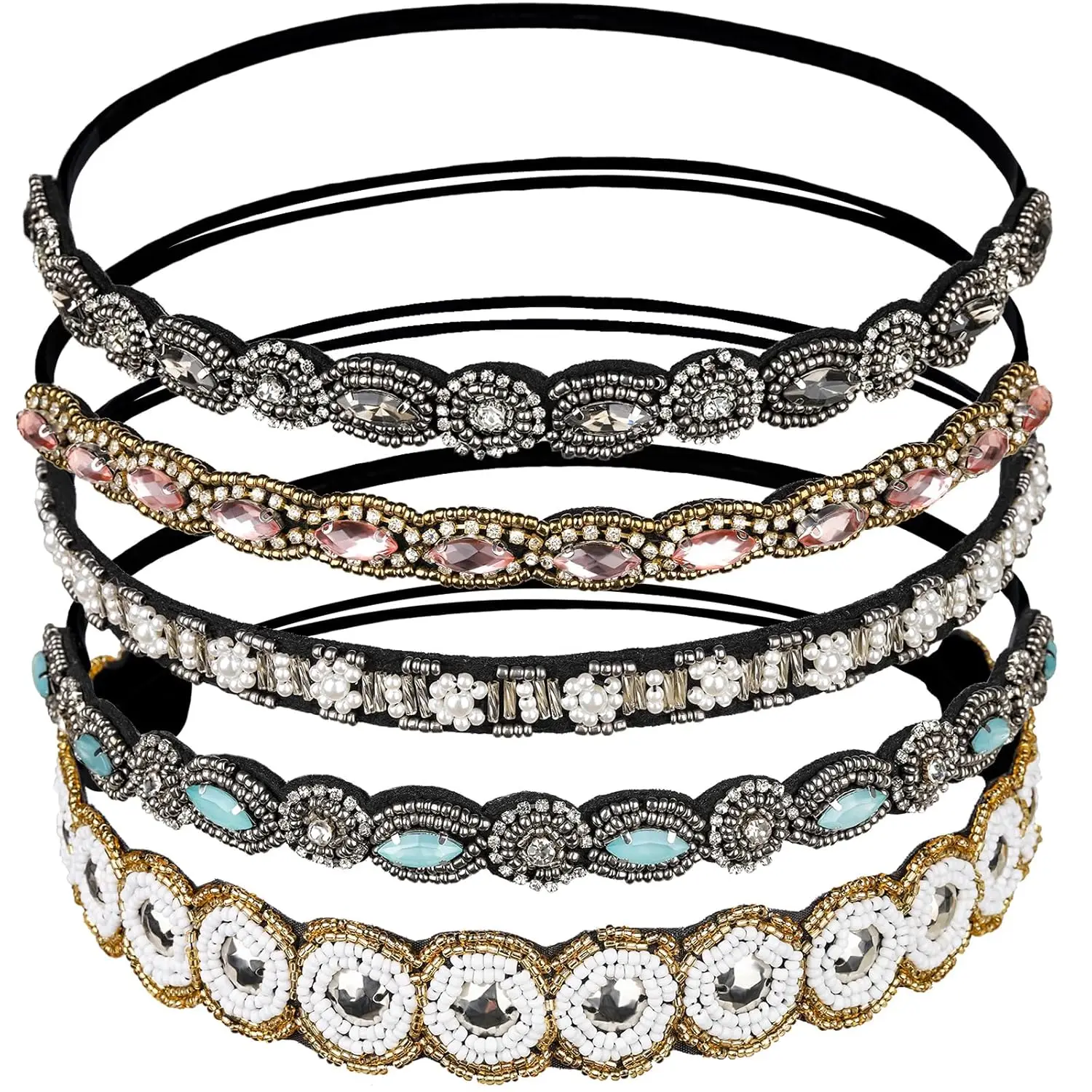 

5Pcs Rhinestone Beaded Elastic Headbands for Women, Stretchy Hair Bands, 20-26.8 inch
