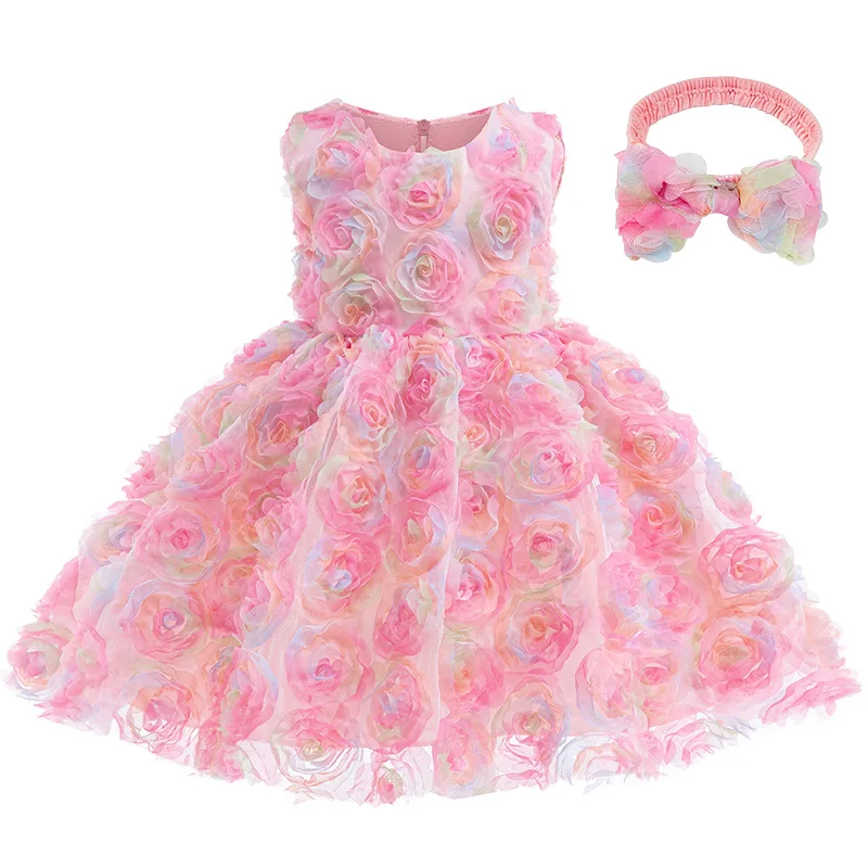 

Summer New Girl's 3D Flower Design Sweet and Cute Dress Wedding Flower Child Birthday Party Fluffy Dress with Headband