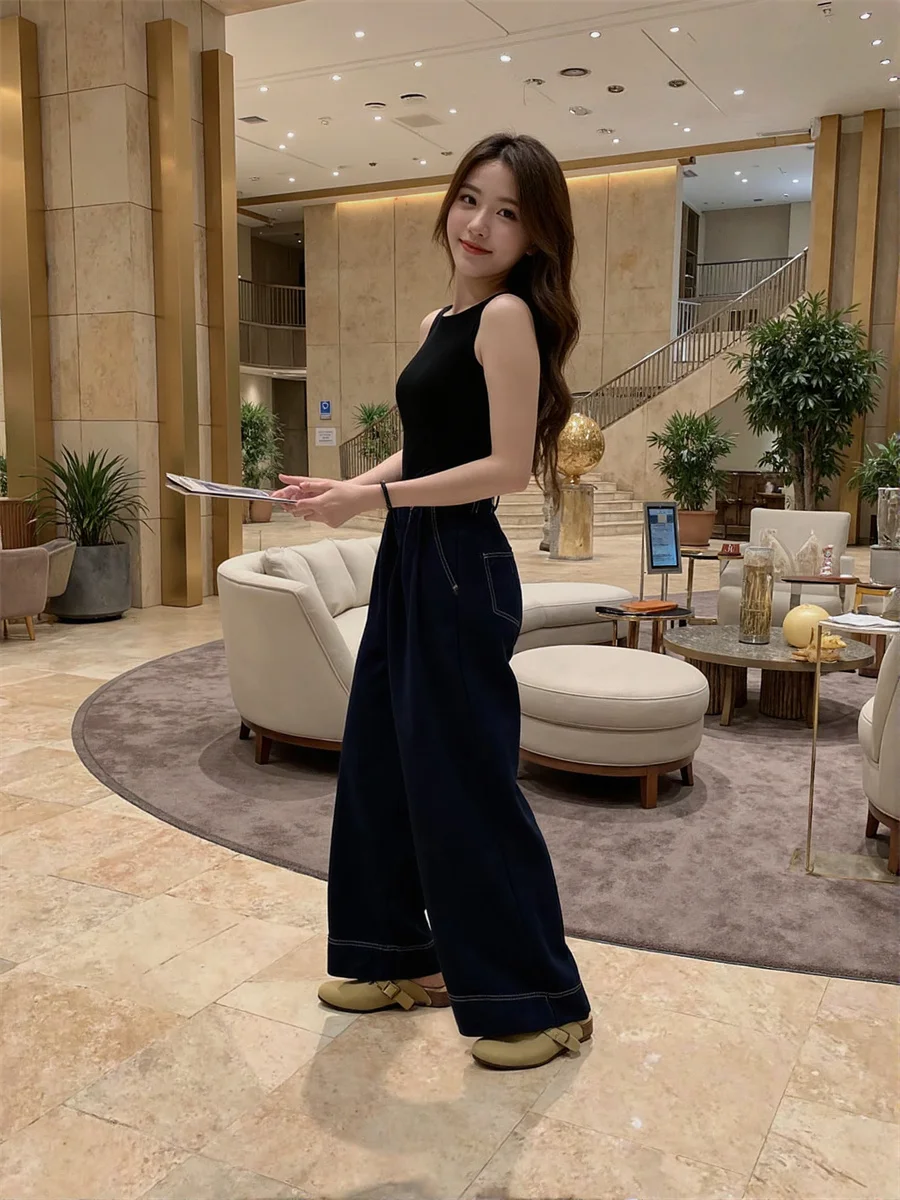 Damskie jeansy z szerokimi nogawkami, kieszeniami, zapinane na guziki, w stylu boyfriend, ciemnoniebieskie, luźny krój, styl high street, casual, modne, europejski styl, klasyczne z nadrukiem.