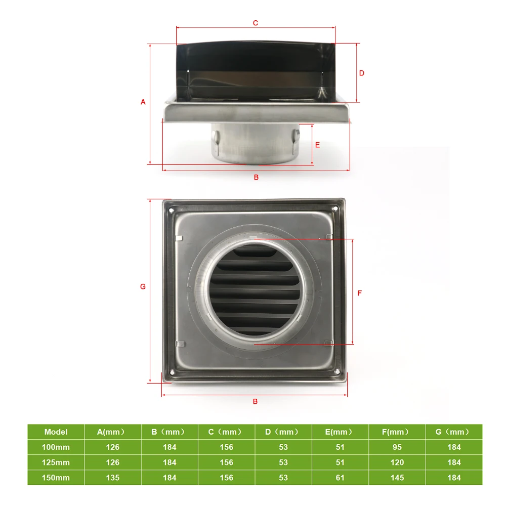 100/125/150mm 304 Stainless Steel Air Vent Grille Square Air Outlet  Windproof Rainproof Bathroom 4/5/6 Inch