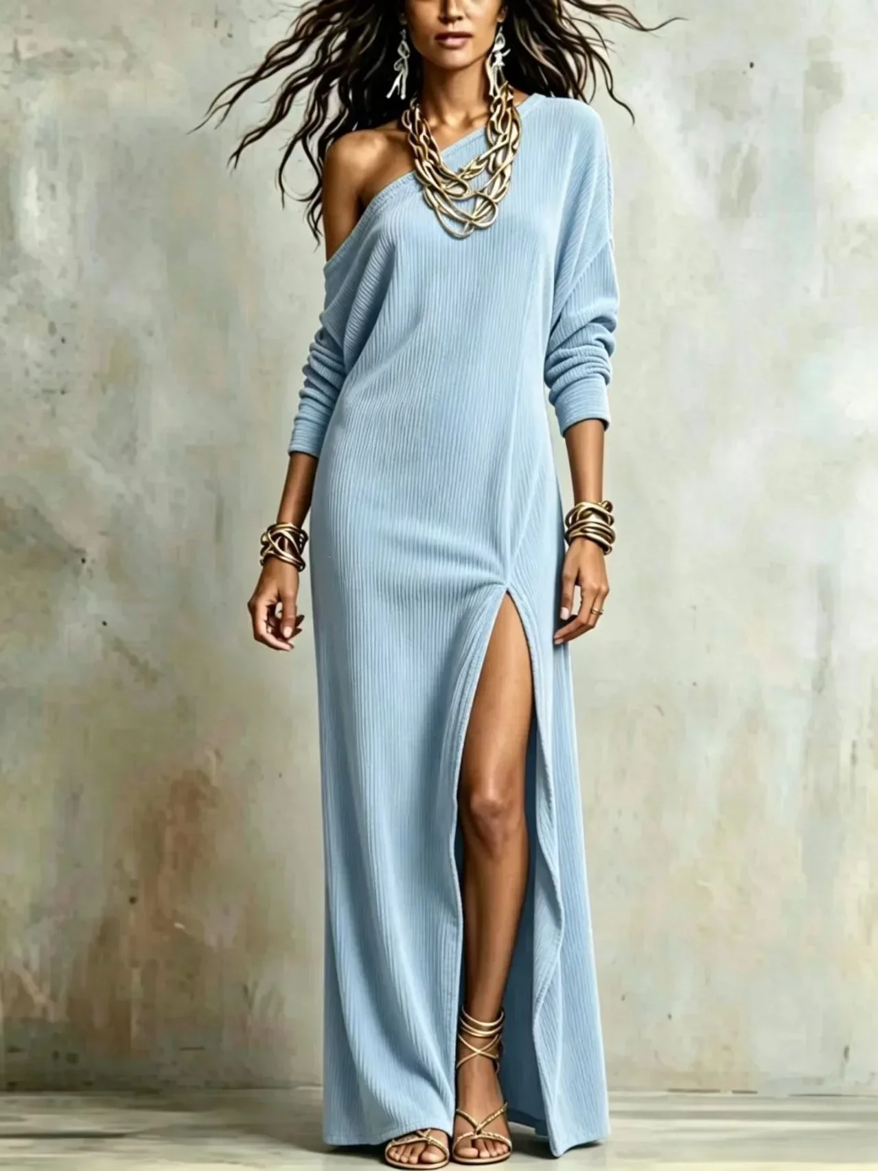 Ladies Formal Evening Gown One Shoulder Long Sleeve Velvet Maxi Dress With High Side Slit