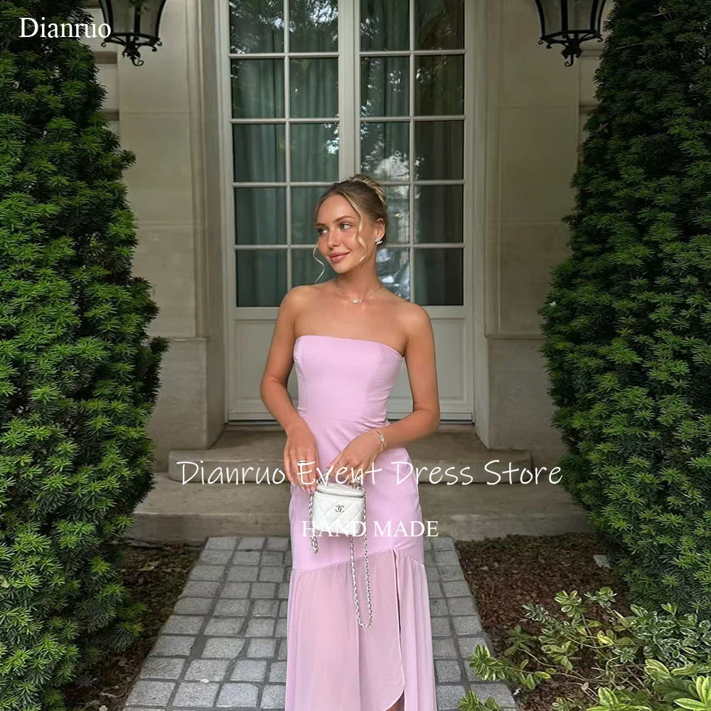 Dianruo Элегантные вечерние платья без бретелек Длинные атласные пышные платья с разрезом Асимметричные халаты без рукавов Bal De Promo Индивидуальные