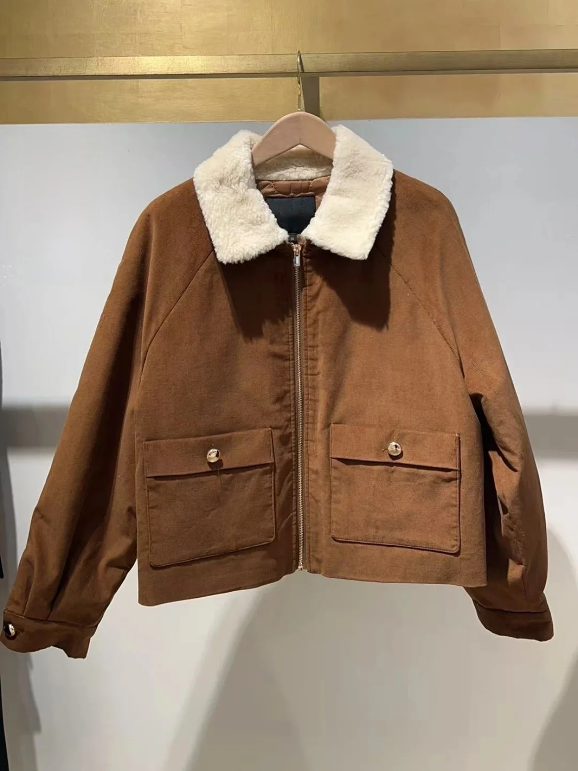 

Heidd Brown Patchwork Lamb Fur Collar Zipper Jacket Cotton Coat Long Sleeve Straight Cut Regular Length Winter Women's Fashion