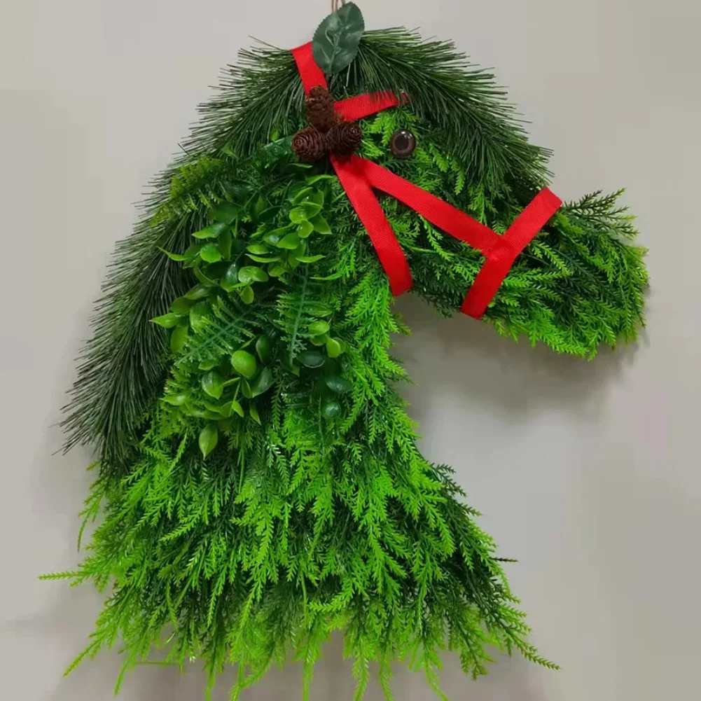 Christmas Horse Head Pine Needle Garland Decoration Front Door Decor Xmas Scene Arrangement Horse Head Garland Farm Decor