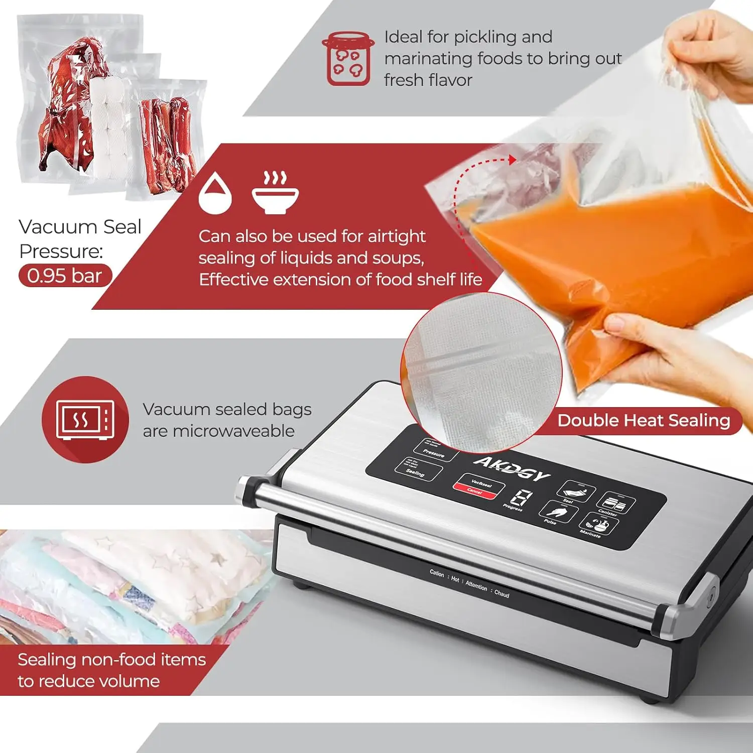 95Kpa Vacuum Sealer Machine，Upgraded Commercial Food Vacuum Sealer, 14-in-1 Functions & Double Heat Seal, Stainless Steel, Large