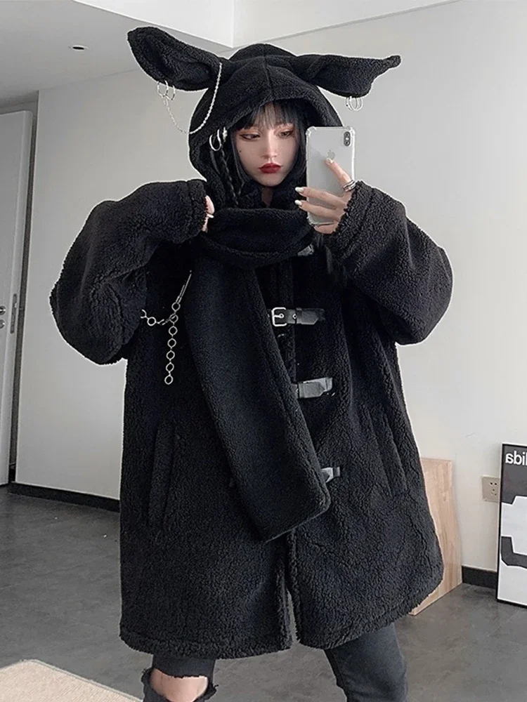 INSCUTEE Streetwear Y2k Alt Neckerchief Women Harajuku Vintage Mall Goth Grunge Cute Rabbit Cap Scarf with Chain Emo Wrap Female