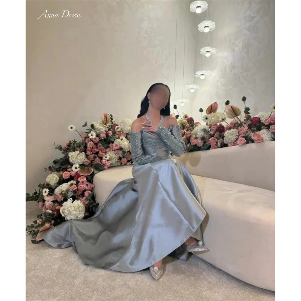 

Anna Satin Wedding Party Dress Line A Elegant Party Dresses Woman Custom Made Women Evening Dress Long Sleeves Sequins Prom