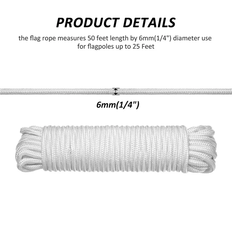 AS60-2Pcs 50 pies X 1/4 pulgadas cuerda halyard para asta de bandera con 8 piezas Clips de gancho para asta de bandera, accesorios para mástil de bandera al aire libre compatibles