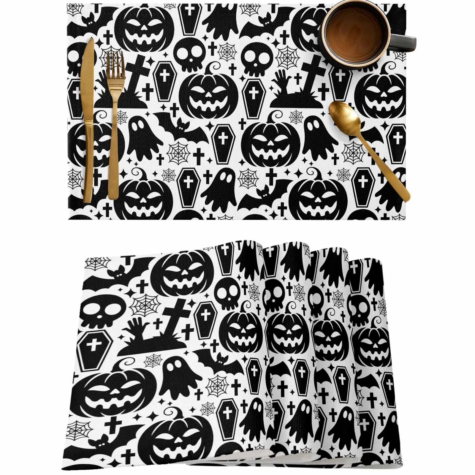 

4/6 Pcs Halloween Skull Bat Web Tombstone Placemat Wedding Party Dining Decor Linen Table Mat Kitchen Accessories