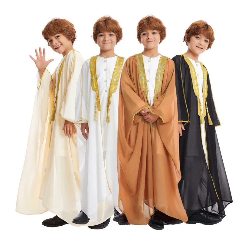 Boy's Arab Muslim Thobe Dubai Chiffon Muslim Embroidered Tassels Kaftan East Arabian Abaya Dress Casual Islamic Long Dresses