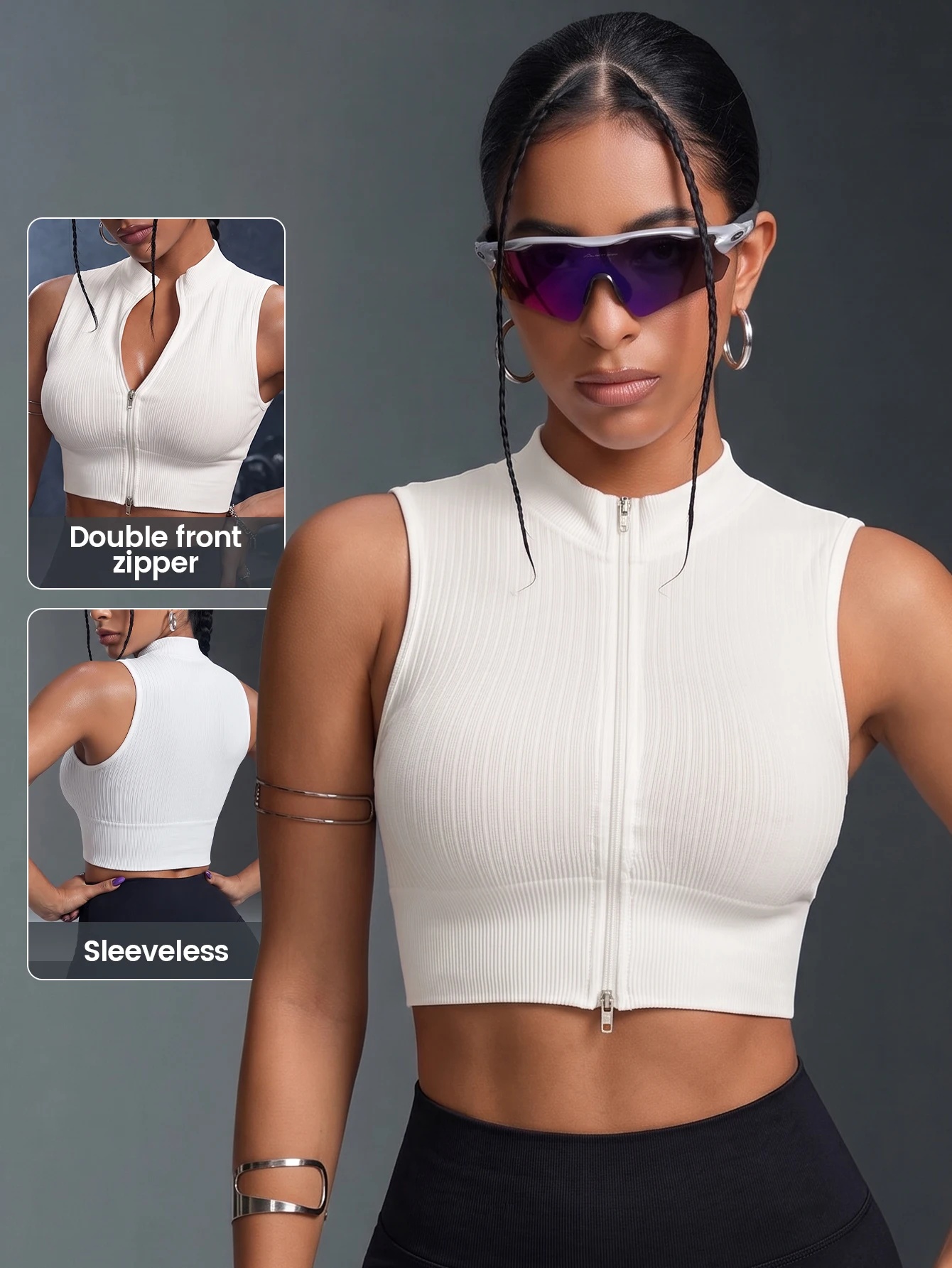 1PC Women Zip Up Sports Bra Ribbed Sleeveless Crop Vest Stand Collar Deep V Racerback Slim Fit Yoga Gym Tank Top