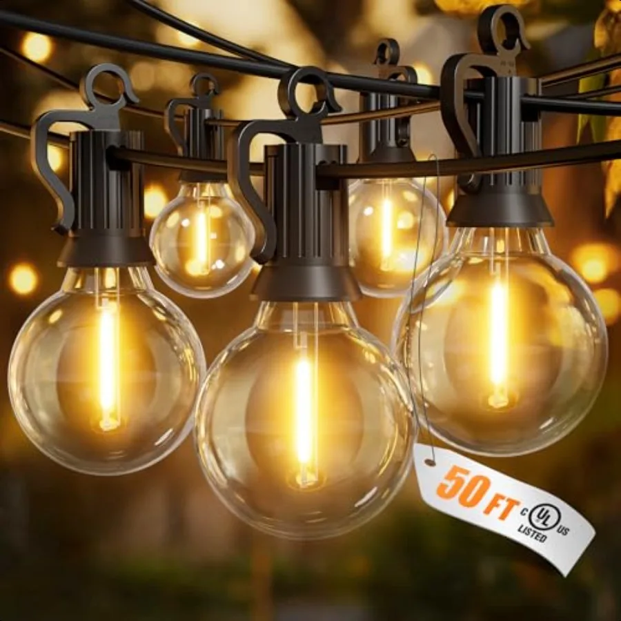 

Outdoor String Lights 50FT 25 G40 Bulbs Shatterproof Patio Lights IP65 Waterproof Dimmable Hanging Connectable Globe LED Outdoo