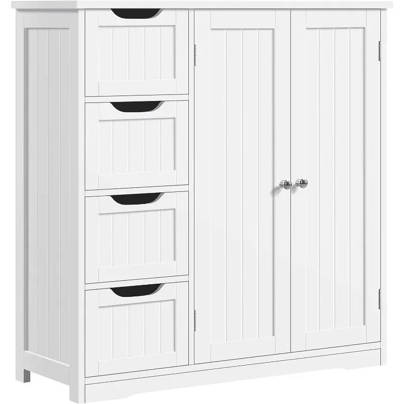 Wooden Bathroom Floor Cabinet, Side Storage Organizer Cabinet with 4 Drawers & Double Doors