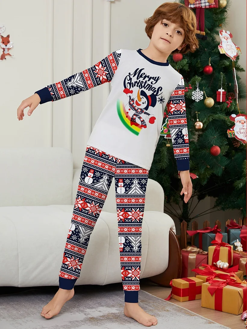 2024 Christmas Matching Family Pajamas Merry Xmas Snowman Rainbow Pjs Adult Child Clothing Outfit Set Baby Jumpsuit+Dog Clothes