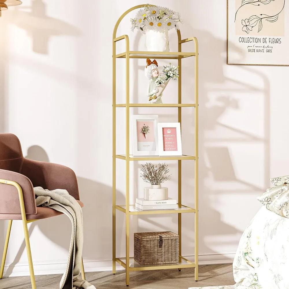 

5 Tier Gold Bookcase Bookshelf, Tempered Glass Bookshelves, Slim Shelving Unit for Bedroom, Bathroom, Home Office, Steel Frame