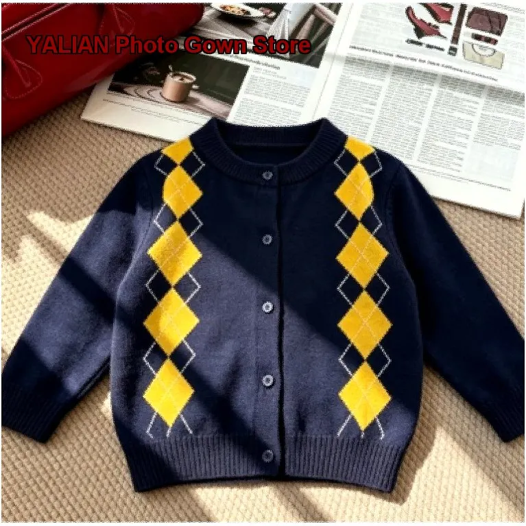 Children College Style Navy Red Plaid Soft Knit Coat Kids Round Neck Top