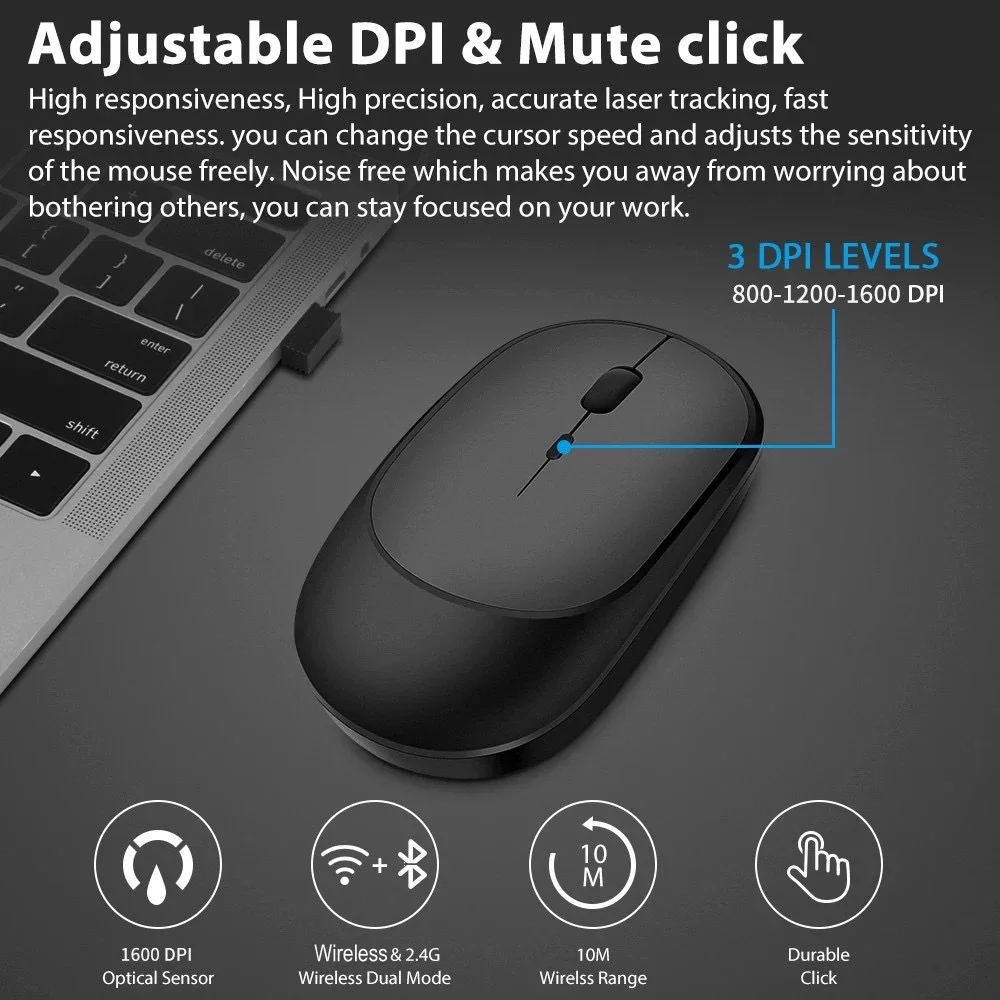 Mouse Recarregável Sem Fio para Gamer, Modos Duplos, Compatível com Bluetooth, USB, Mute Mice para Laptop, Tablet, 2.4G