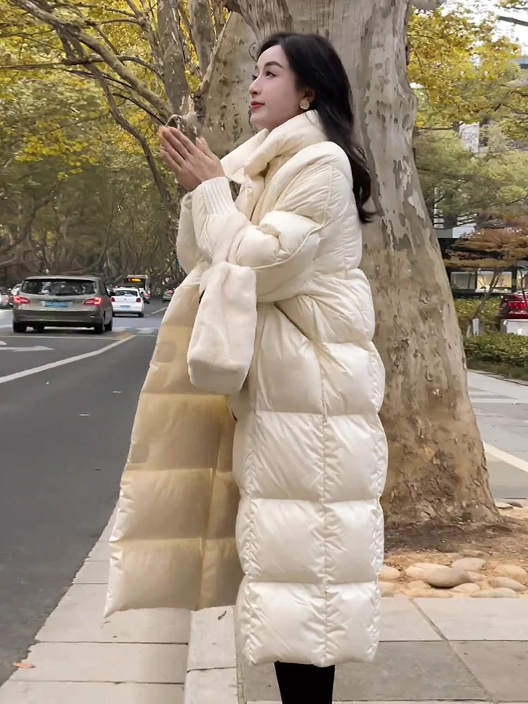 

Новая женская зимняя куртка свободного кроя с длинным белым пуховым наполнителем, на молнии, с воротником-стойкой, повседневная, 2024