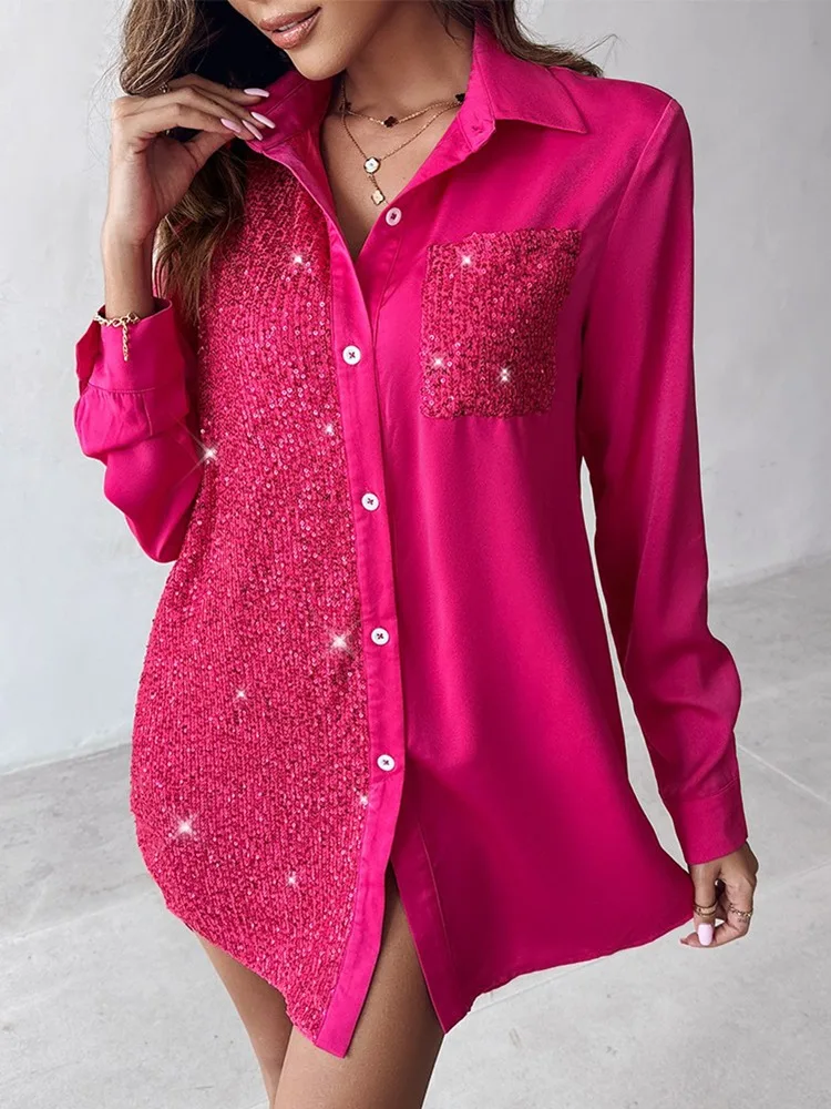 Dresses for Women  Contrast Sequin Leopard Print Satin Pocket Shirt Dress Vestidos De Mujer Casual Elegant Mini Robe Female