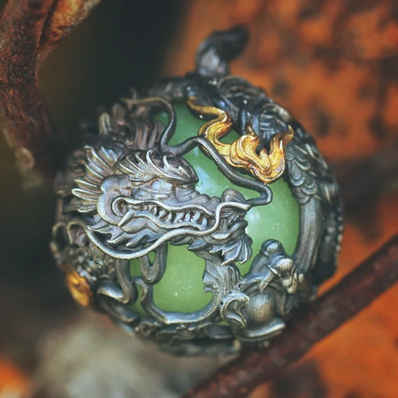 Chinese Style Retro Silver Color Adorned Gold Color Cornered Flying Dragons Circling and Imitating Emerald Dragon Beads Necklace