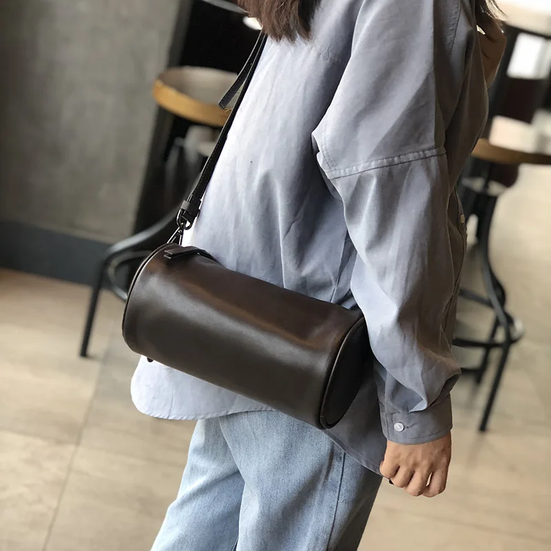 Cylinder Bag Leather Casual Soft Leather Crossbody Bucket Bag Luxury Brand Women  Shoulder Bag Ins Retro Style