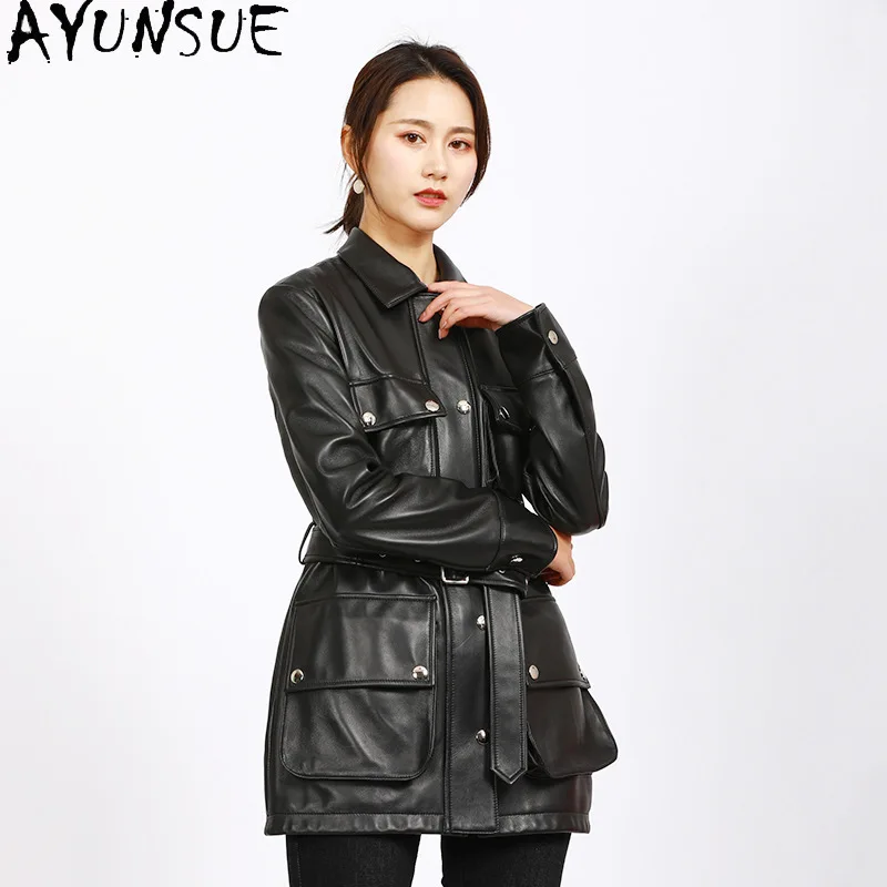 AYUNSUE Genuine Leather Jacket for Woman 2025 New in Coats Womens Leather Jackets Spring Autumn Clothes Belt Jaqueta De Couro