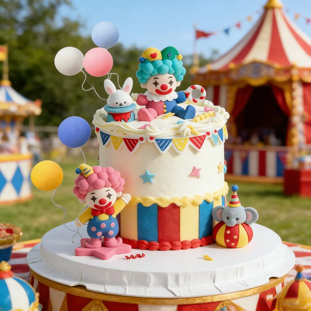 Adorno para pastel con temática de circo, payaso, león, elefante, globos para cumpleaños infantiles, baby shower, fiesta, decoraciones coloridas con temática de payaso.