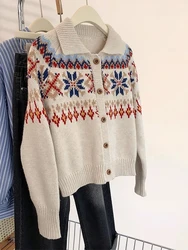 Harajuku Vintage Jacquard Sweater Coat Lazy Style Lapel Knitted Cardigan Women Autumn Winter Fashion Long Sleeve Knitted Tops