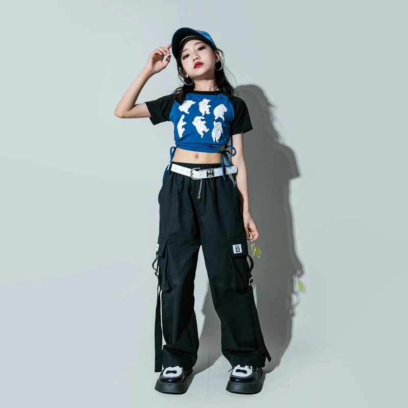 Hip Hop Girls T-shirt Street Dance Black Solid Cargo Pants Children Streetwear Crop Top Clothes Set Kids Sweet Jazz Costumes