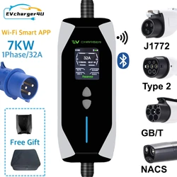 EVcharger4U J1772 Type2 GBT NACS 1Phase 32A 7KW Portable Charger with RCD Type B Protection Wi-Fi Bluetooth APP Control EVSE Box