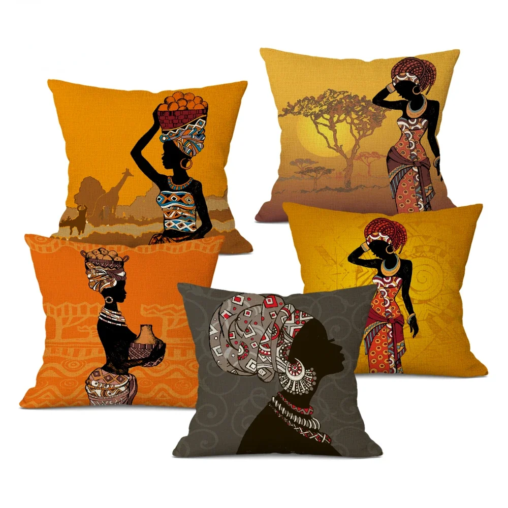 1pcs/Set African Ethnic Woman Cushion Cover African Girl Decorative Pillow Case Linen Throw Pillow Cover for Sofa