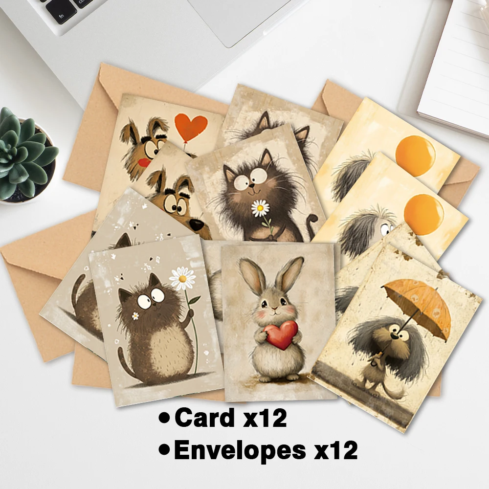 24pcs Retro Cute Animal Greeting Cards Set with Envelopes, DIY Invitation Cards, Multifunctional Fun for Anyone, Any Occasion