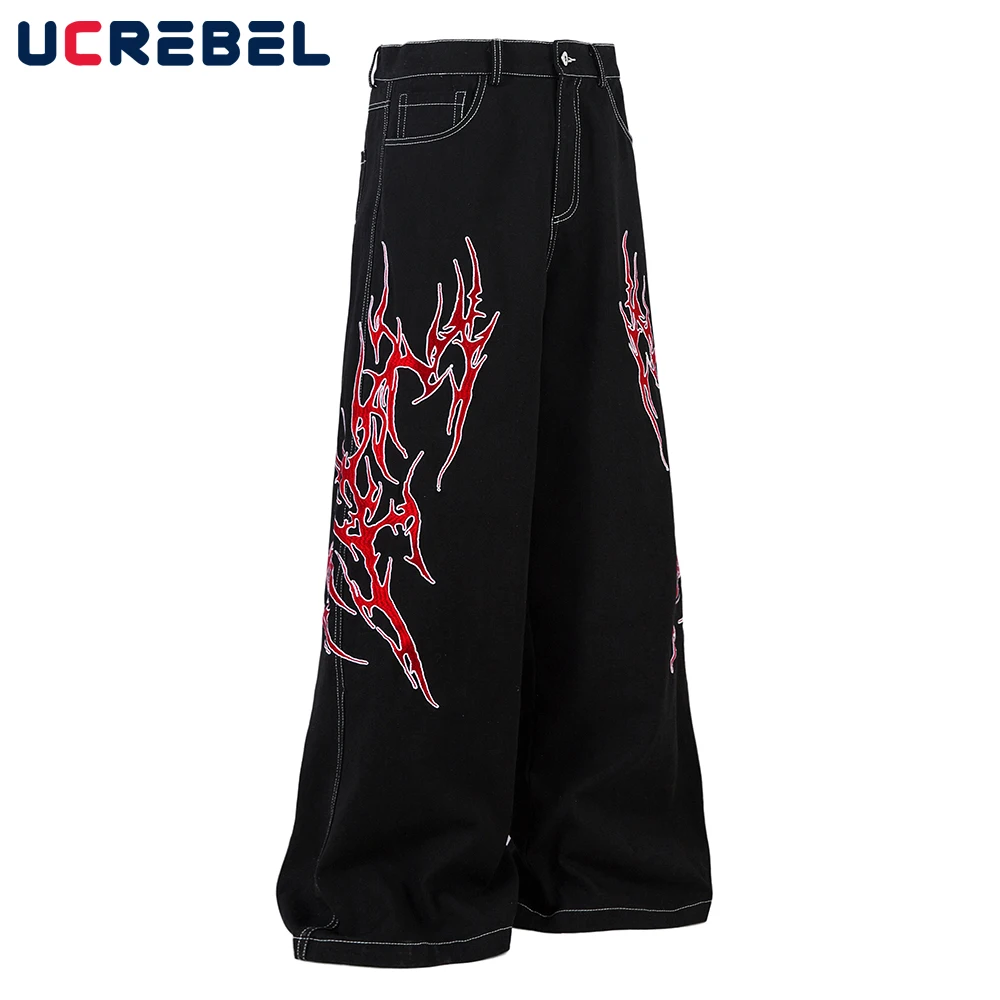 Flame Patch Embroidery Jeans Mens Top Stitch Retro High Street Pocket Loose Wide Leg Dark Jeans  Men