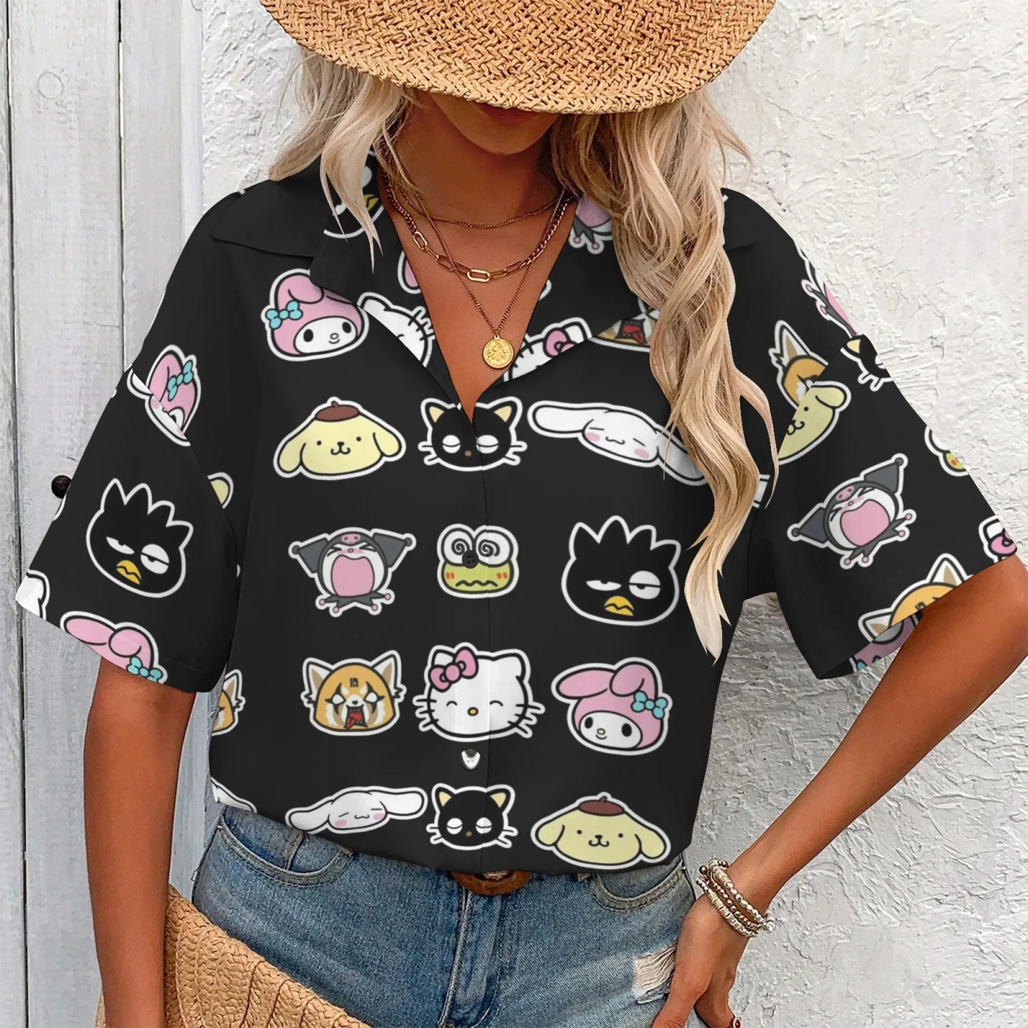 مرحبا كيتي تي شيرت السيدات أفضل النساء الماركات الفاخرة البلوزات النسائية صفقات Y2k بلايز للمرأة الملابس تي شيرتات قصيرة الاكمام الملابس