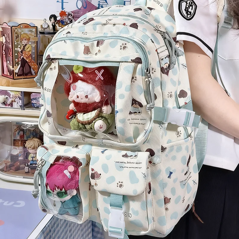 HAEX Kawaii Leopard Women Backpack 2025 Transparent Doll Show Ita Bags Female Large Capacity Students Commute Pockets Laptop Bag