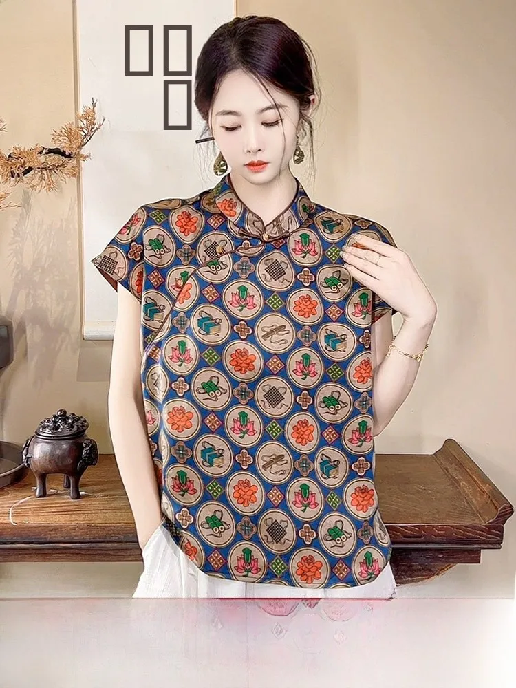 

Young Sle 00% Silk Traditional Chinese New Faion Women's irt Comfortable Breathable ort Sve Printed Casual Top