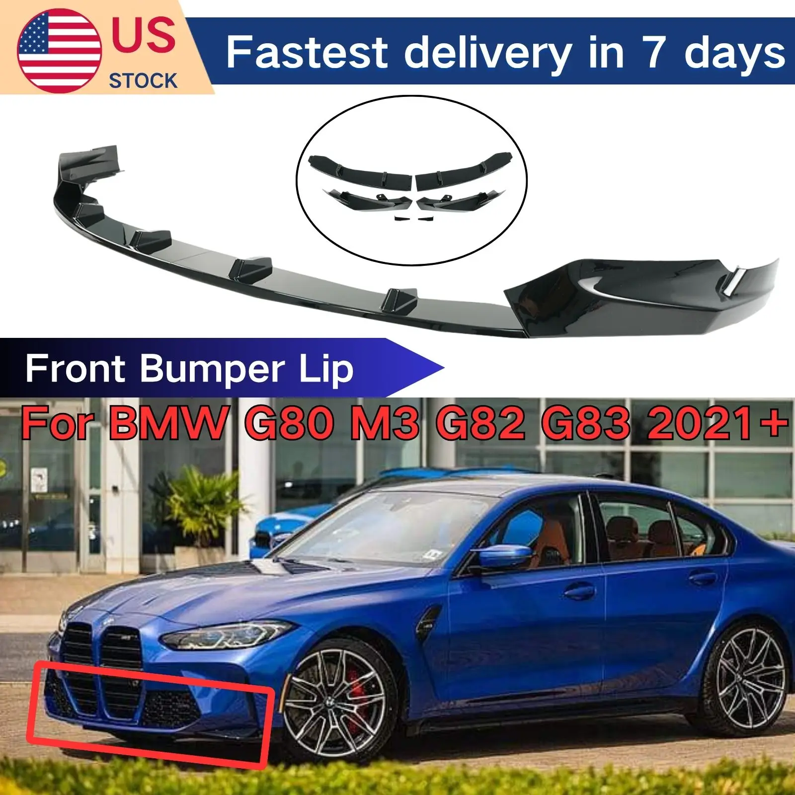 

For 2021 2022 2023+ BMW G80 M3 G82 G83 Front Bumper Lip 4PCS Glossy Black Body Kit Plastic Carbon Fiber Print Car Accessories