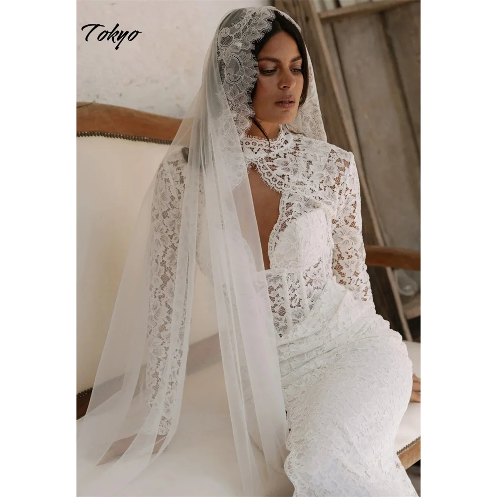 Tokyo Maßgeschneiderte weiße Brautkleider mit hohem Ausschnitt, langen Ärmeln, sexy Meerjungfrau-Brautkleider, Reißverschluss hinten, Hofzug-Hochzeitskleider