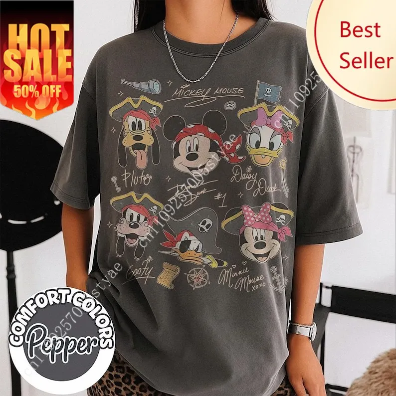 

Vintage Disney Pirate Shirt Mickey & Friends Pirate Signature Crew Tee Minnie Goofy Donald Daisy Comfort Colors Shirt