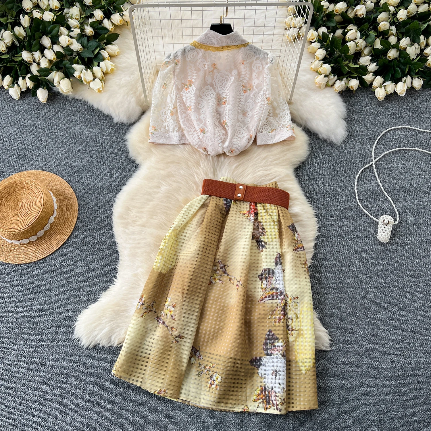 Summer Short Sleeve t SHIRT Women Two Piece Skirt Set Casual Polo Neck Shirt For Women High Waist Cinching Printed Skirt