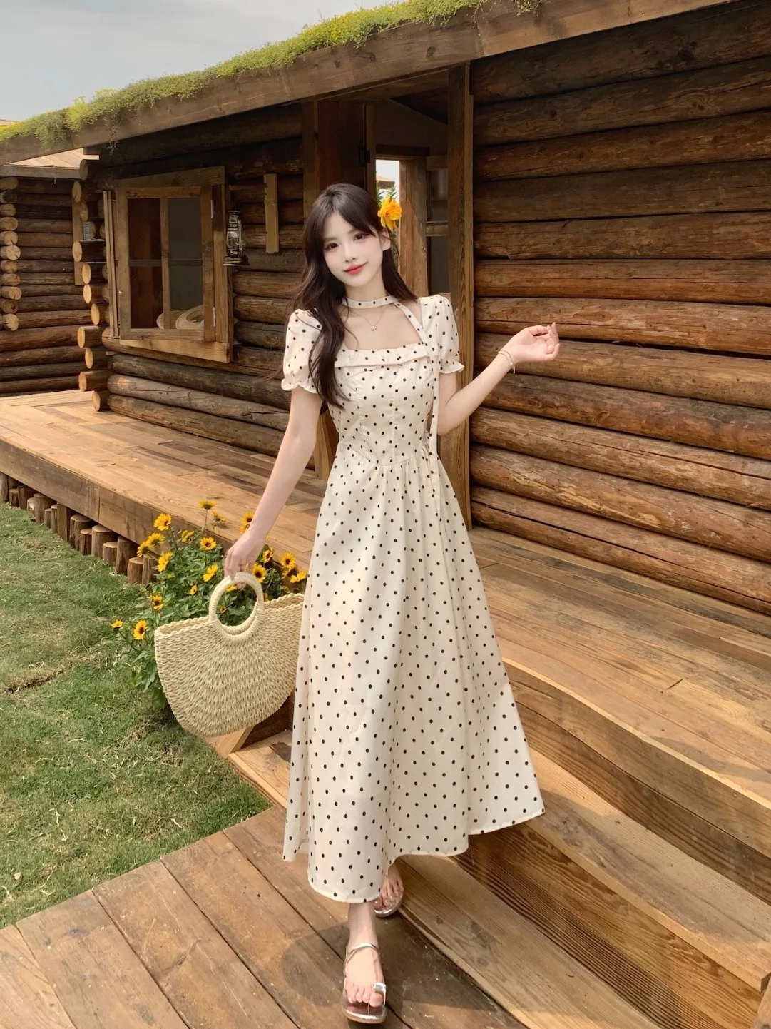 

Новое летнее платье больших размеров для женщин: в горошек, до колен, с квадратным вырезом, приталенное, в корейском стиле, облегающее