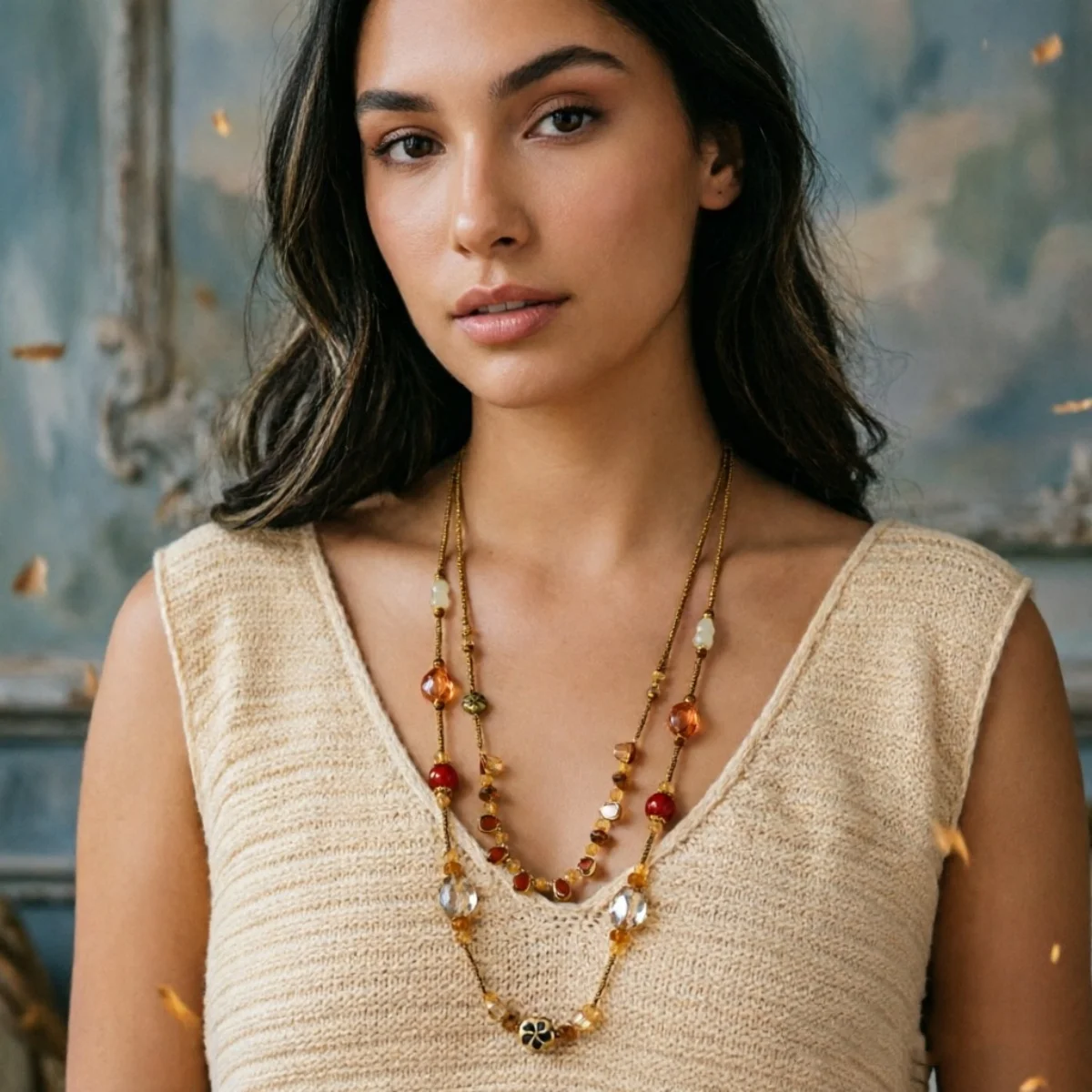 Vintage Bohemian Kristallblumen Lange Mehrlagige Halskette für Damen und Herren, Mehrfarbige Kristallperlen, Blumen-Charm-Choker, Partyschmuck – Detail 18