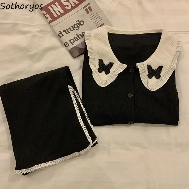 Women Pajama Sets Chic Embroidery Sweet Girls Peter Pan Collar Loungewear Ulzzang Female Loose Cozy Sleep Clothing College 2 Pcs